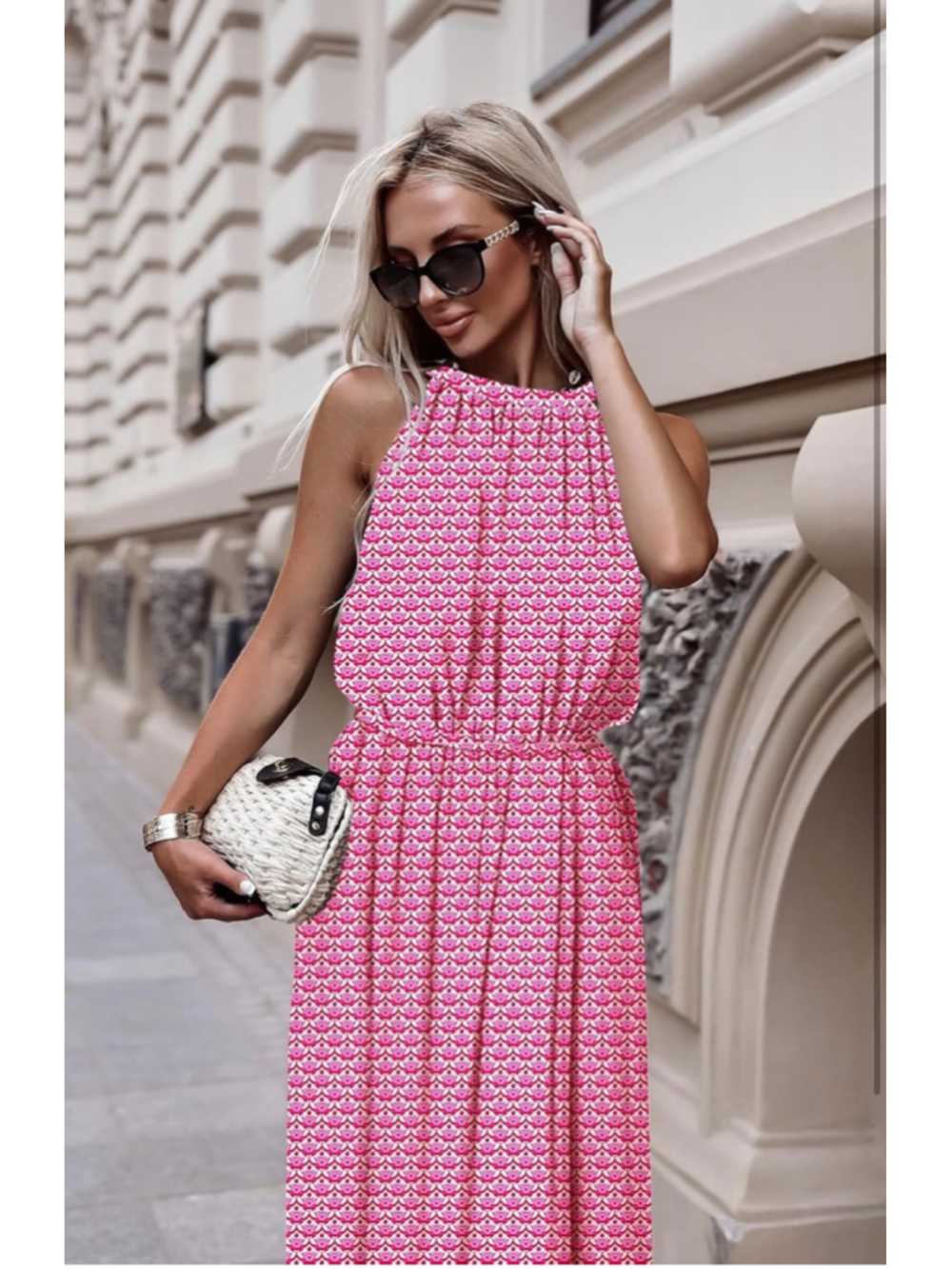 NEW Halter Neck Sleeveless Geometric Belted Flowy A Line Midi Dress XL - Picture 5 of 9